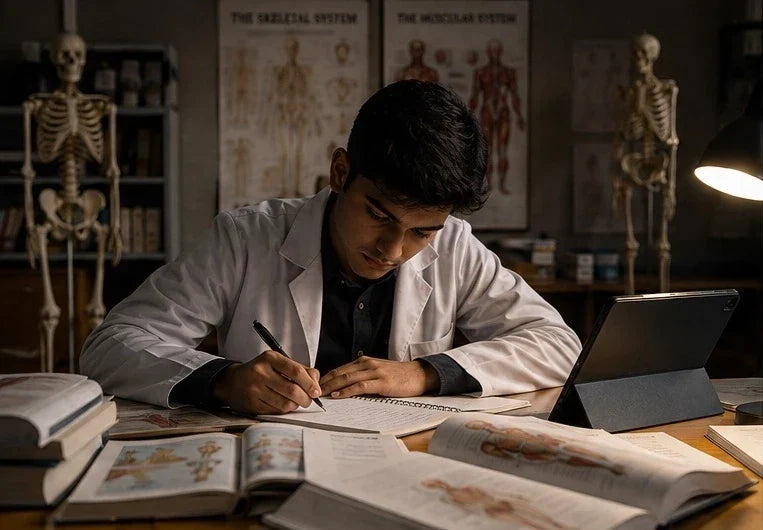 Indian medical student studying anatomy at a desk, surrounded by anatomy textbooks, notes, a tablet, and skeletal anatomy models in a medical study room.