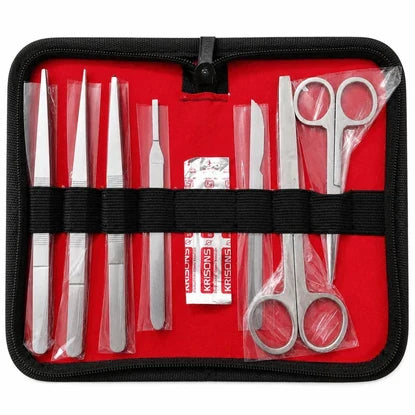 Medical dissection kit with high grade material forceps, scissors, scalpel handle, blades, and dissecting instruments in a zippered carrying case.