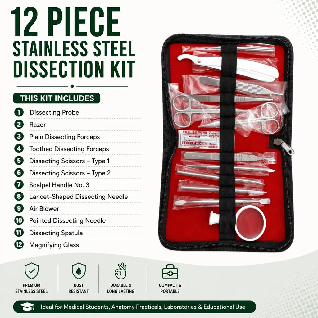 12-piece stainless steel dissection kit displayed in a black zippered case with red lining, showing dissection instruments and a numbered list of included tools such as probes, razor, forceps, scissors, scalpel handle, dissecting needles, air blower, spatula, and magnifying glass.