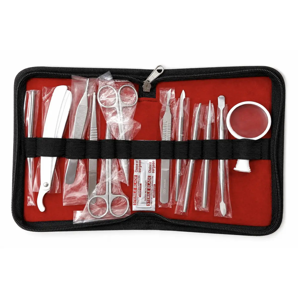 12-piece stainless steel dissection kit arranged in a black zippered case with red lining, featuring dissecting forceps, scissors, scalpel handles and blades, dissecting probes and needles, spatulas, and a magnifying glass.