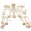 An anatomical model set of human bones arranged symmetrically on a white background, including a skull, rib cage, spine, arms, legs, hands, pelvis, and small bones.