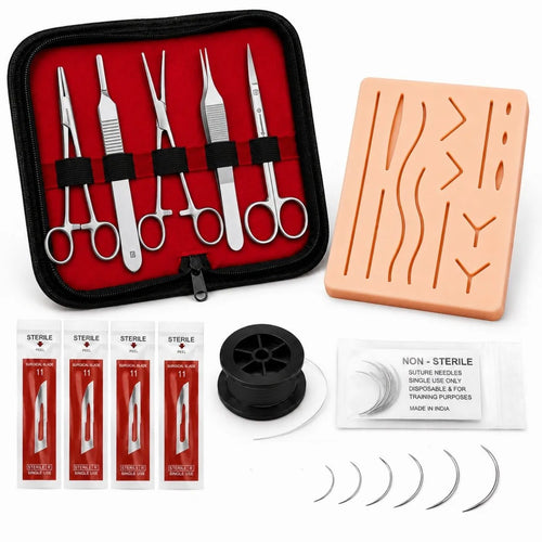 Complete suture practice kit with silicone suture pad, surgical scissors, forceps, needle holder, sterile scalpel blades No. 11, suture needles, thread spool, and zip-up carry case — for medical training