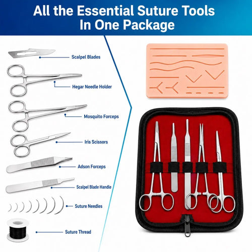 Suture practice kit contents diagram showing scalpel blades, Hegar needle holder, mosquito forceps, iris scissors, Adson forceps, scalpel blade handle, suture needles, and suture thread alongside silicone suture pad and surgical tool carry case