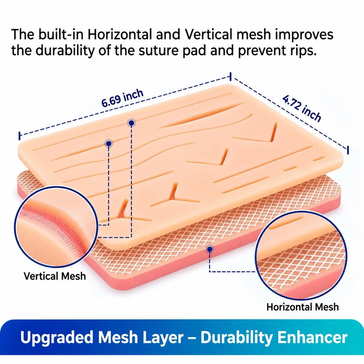 Silicone suture practice pad cross-section showing dual-layer construction with vertical and horizontal mesh reinforcement