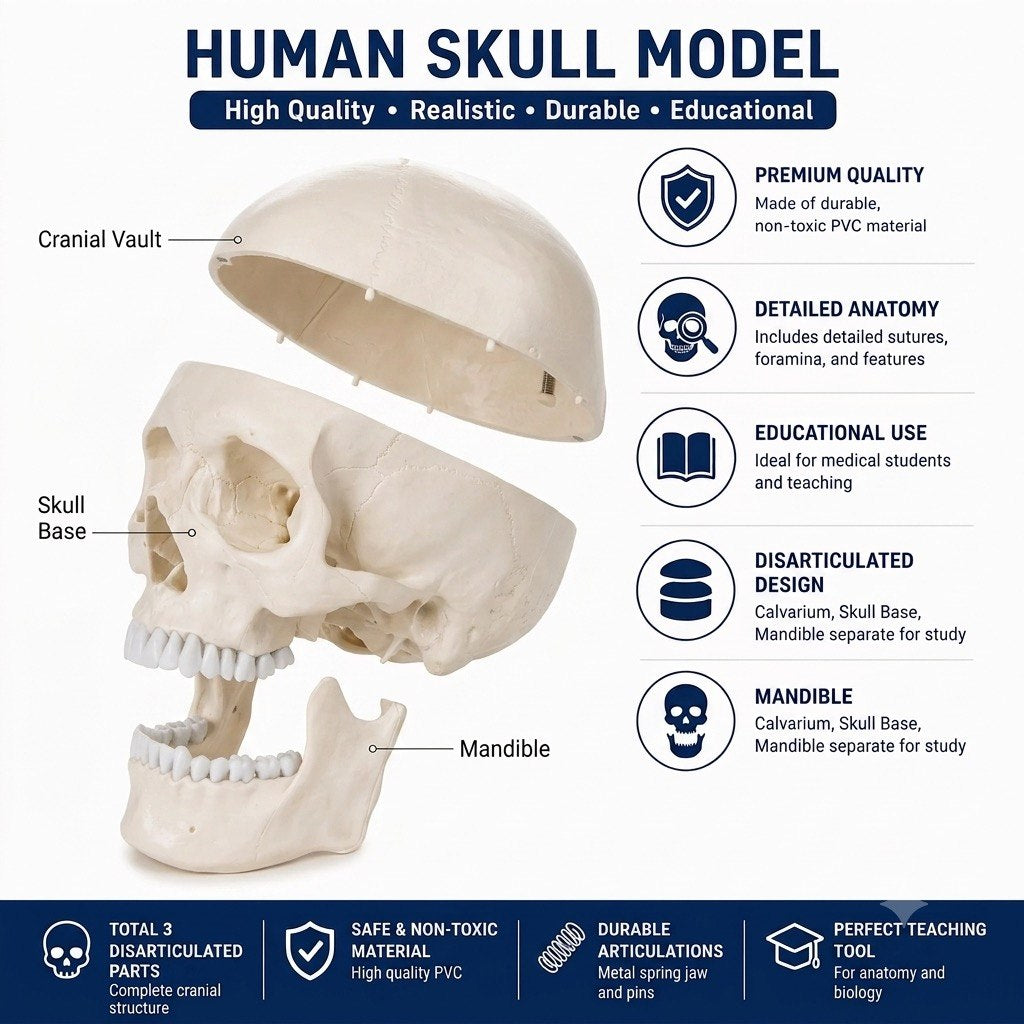 An educational human skull model shown in a disarticulated view on a white background, with callout labels for cranial vault, skull base, and mandible. Text on the right highlights premium quality, detailed anatomy, educational use, and disarticulated design.
