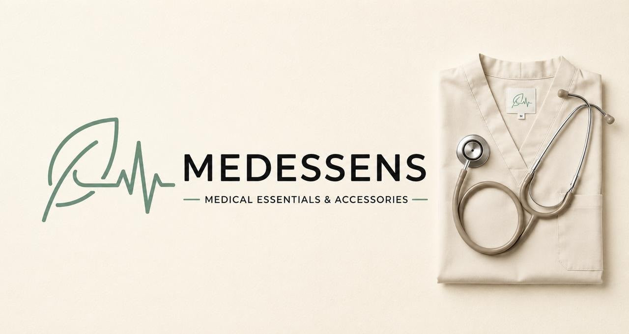 A folded cream-colored medical scrub top with a silver stethoscope resting on it, displayed next to the Medessens brand logo on a warm off-white background.
