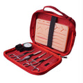 Suture practice kit with silicone pad and surgical instruments in red zip case
