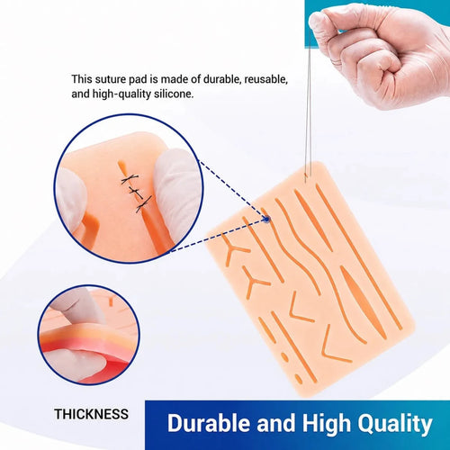 An instructional product graphic showing a silicone suture practice pad with circular close-ups of a gloved hand suturing and stretching the pad, plus text stating it is durable, reusable, and high-quality silicone.